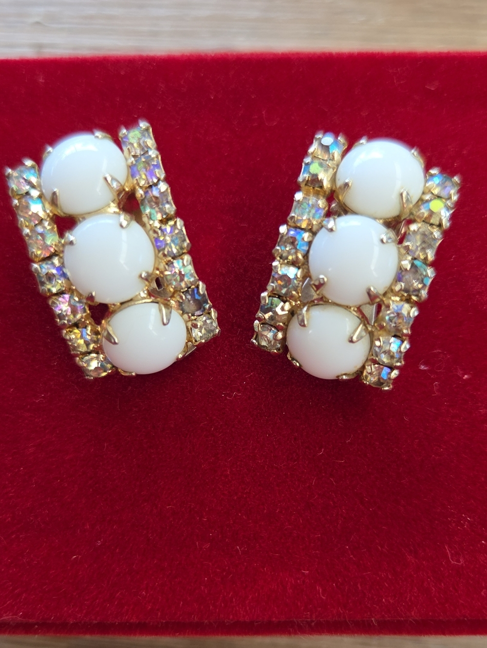 Milk Glass and AB Rhinestone Encrusted Clip On Earrings - Women Jewelry